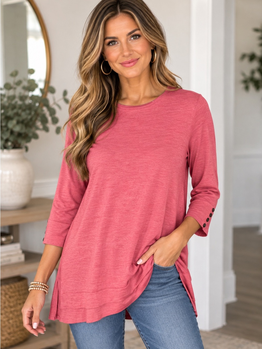 Jill Merino Wool Blend 3/4 Sleeve Knit Tunic Side Slit Button Cuff Top - Medium